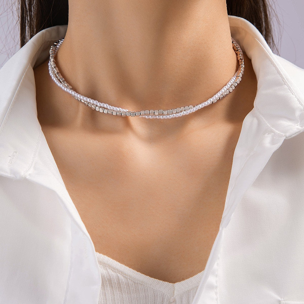 European and American Ornament  Simple Versatile Japanese and Korean Fresh Style Beaded Sugar Cube Round Bead Pearl Necklace Wholesale