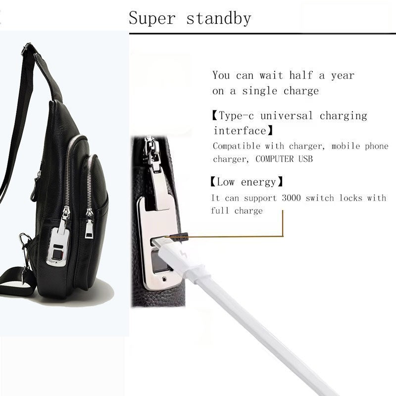 High-End Men's Top Layer Cowhide Multi-Zipper Bag Sports Casual Small Backpack Anti-Theft Genuine Leather Fingerprint Lock Chest Bag