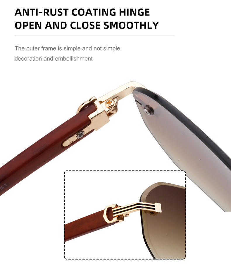 【Customization】Diamond Cut Rimless Glasses for Men, European and American Retro Style, Imitation Wood Grain Temple Sunglasses, Sun Protection Sunglasses