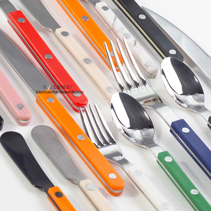 304Mirror Western Tableware Set ABS Handle Butter Knife Fork Spoon Clip Handle Steak Dessert Spoon Fork Plastic Handle
