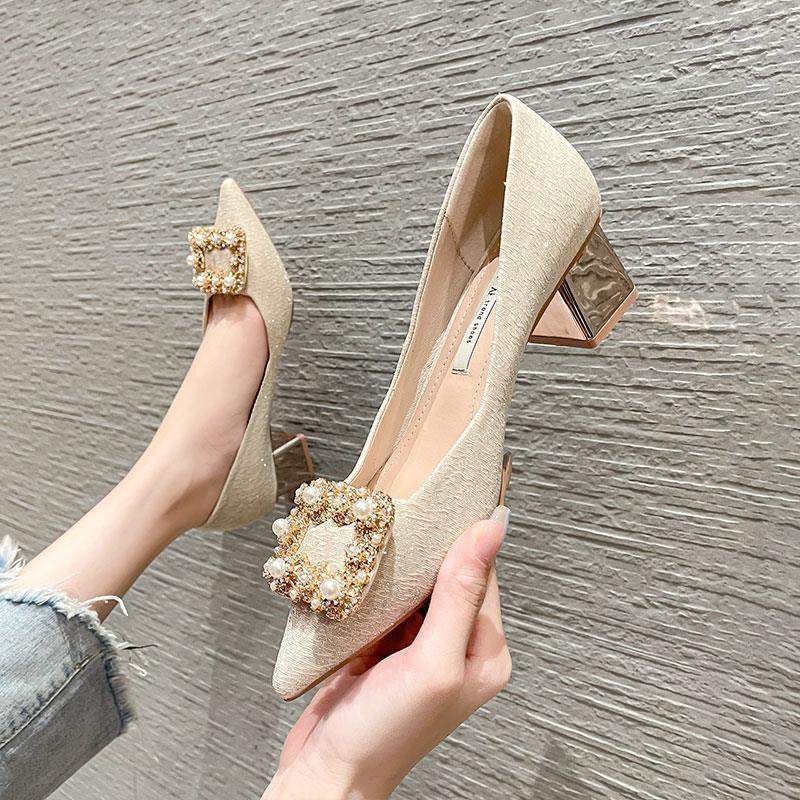 Pumps Women2025New Spring and Autumn Pointed Champagne Color Wedding Shoes Bride Shoes Autumn Bridal Thick Heel High Heels for Women