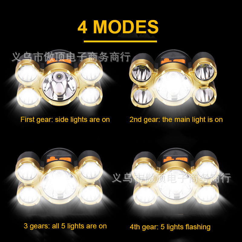 Outdoor head lamp LED Head-mounted Flashlight Lithium Battery Strong Light Five-head Headlamp Long-range Flashlight Mining Lamp USB Charging