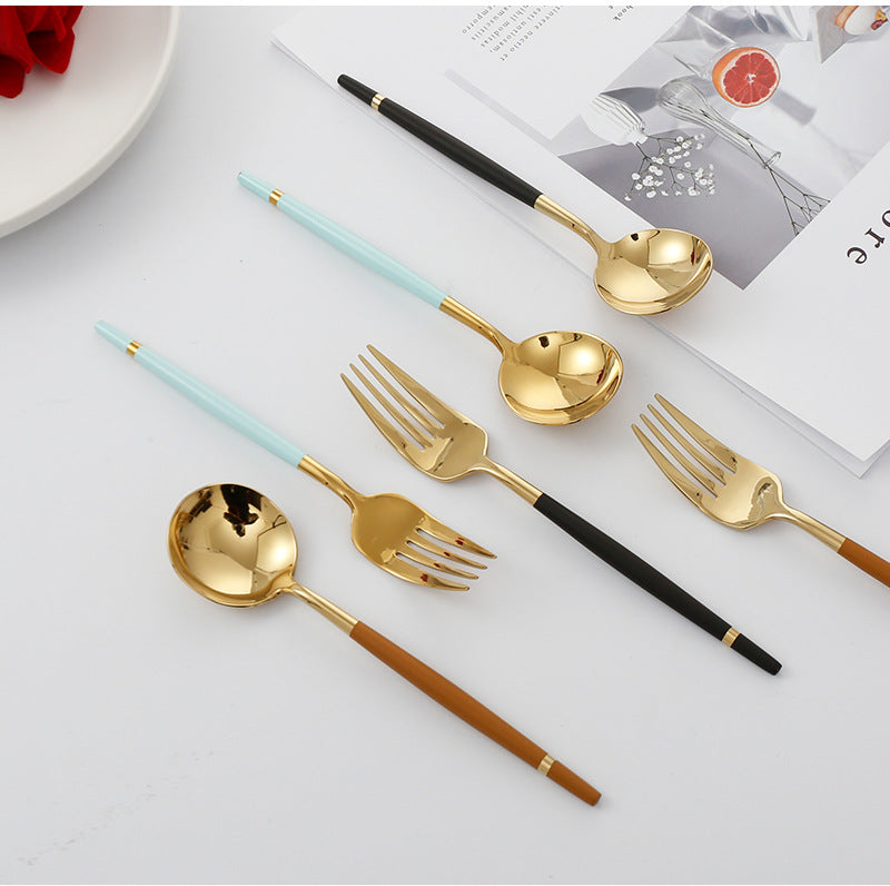304Stainless Steel Portuguese Tableware Creative Lathe Craft Glossy Mirror Black Gold Round Spoon Dessert Spoon Fork