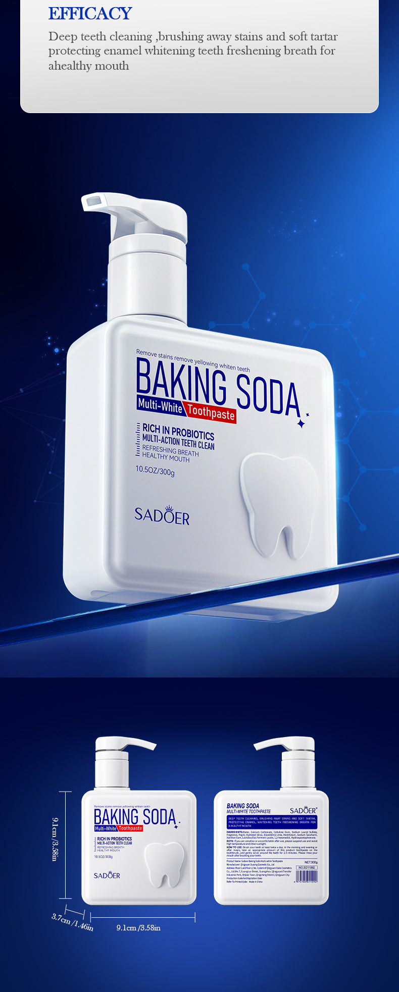 Pump Toothpaste SADOER Baking Soda Probiotics Teeth Cleaning Oral Freshness  Wholesale