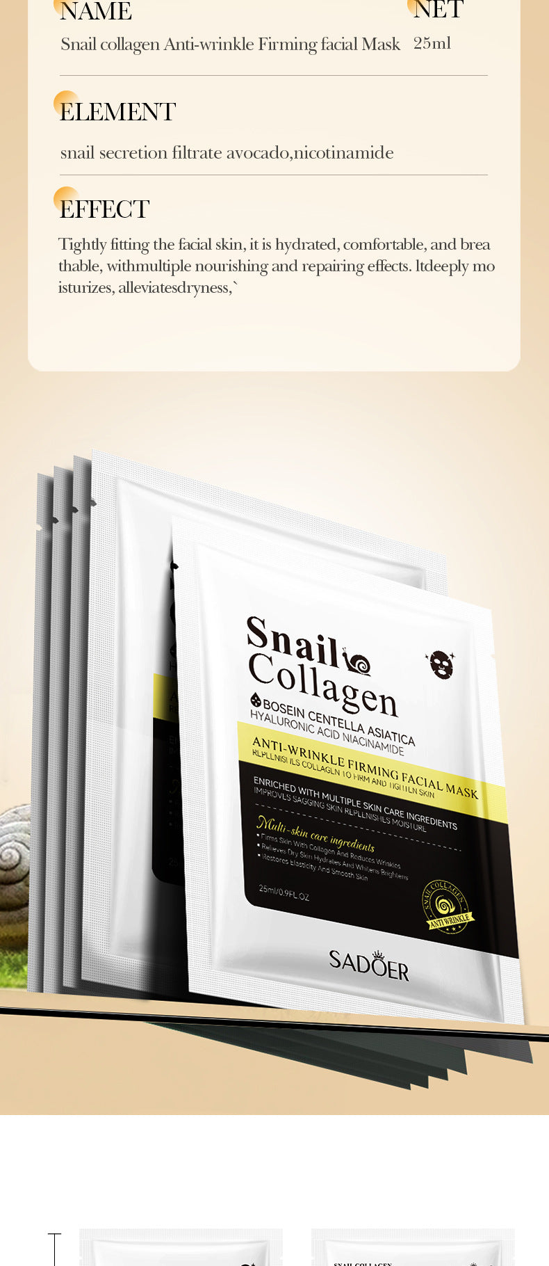 Snail Face Mask SADOER Collagen anti-wrinkle firming delicate skin mask  wholesale