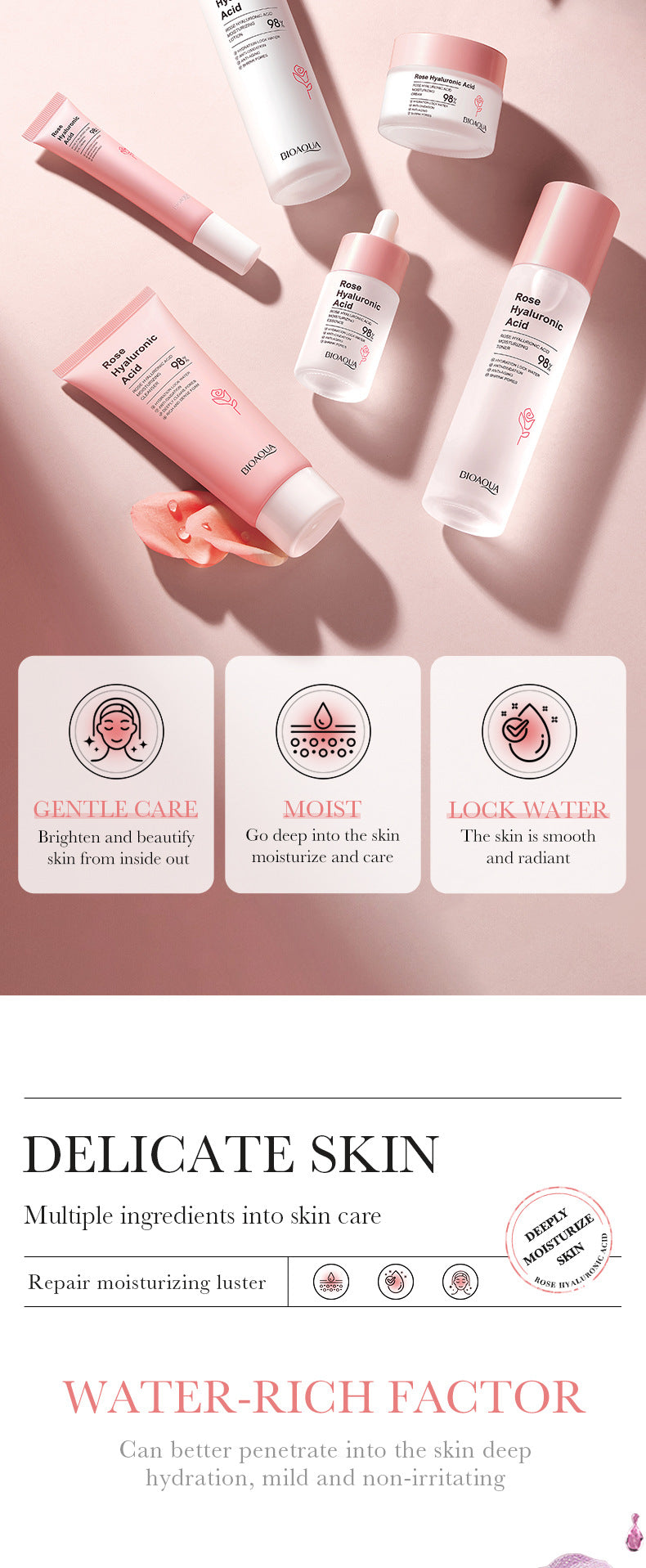 BIOAOUA Rose Hyaluronic Acid Moisturizing Six-piece Set Hydrating skin care product set  wholesale