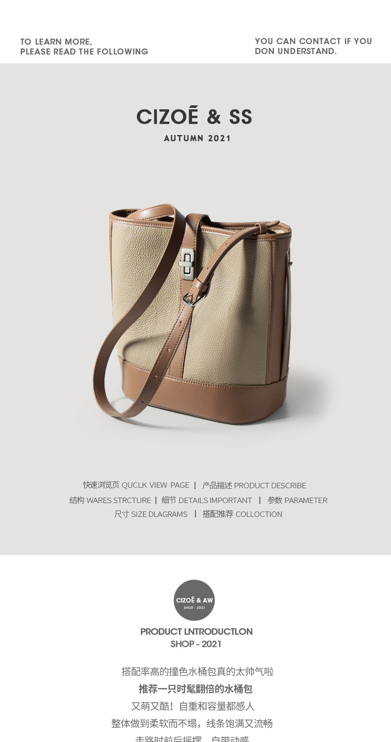 European and American Retro Large Capacity Single Shoulder Bucket Bag Daily Use Top Layer Cowhide Crossbody Women's Bag