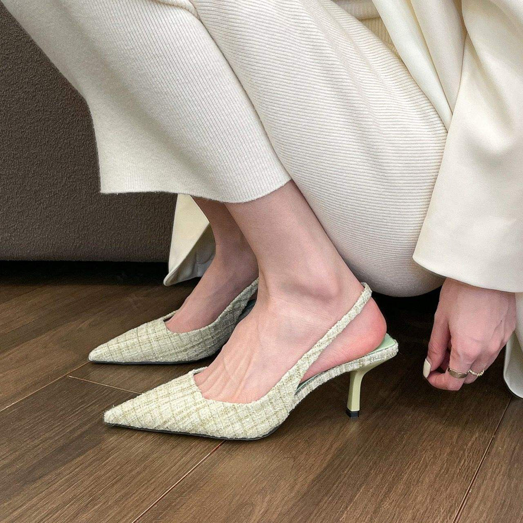 Chanel-inspired Sea Salt Blue Pointed High Heel Sandals2025New Women's Shoes with Open Back and Half Closed Toe Fashion Single Shoes