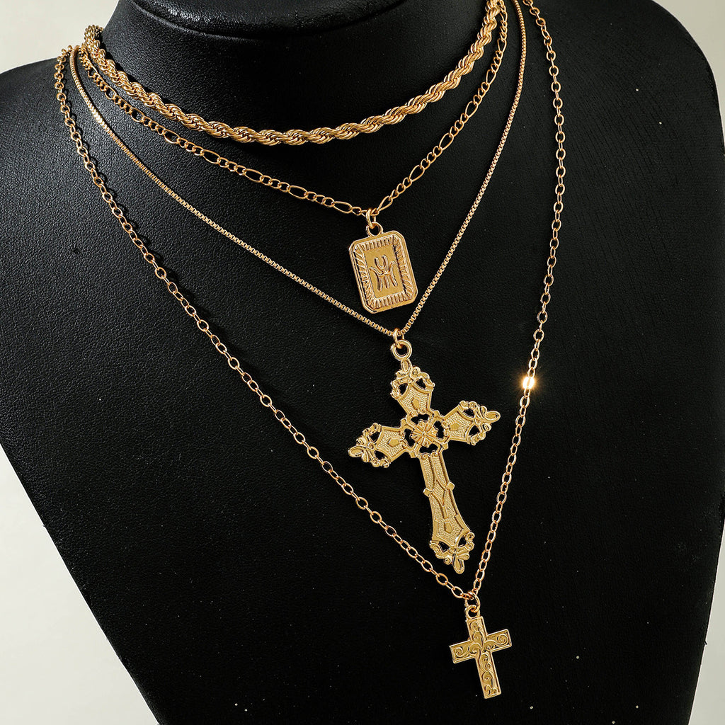 European and American Retro Hollow Diamond Cross Pendant Necklace Gothic Style Black Layered Wear Y Type Necklace