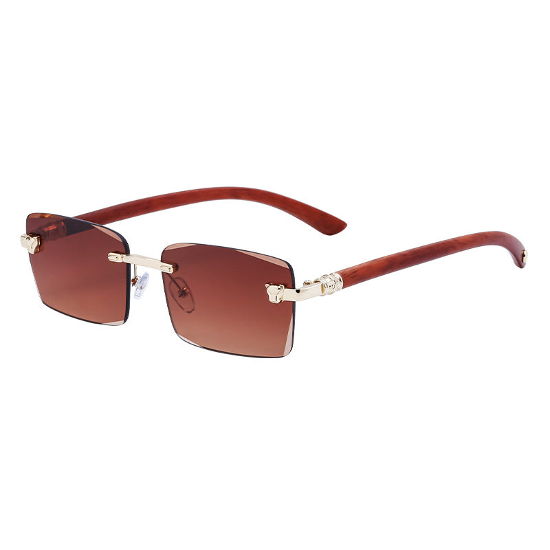 European and American Retro Frameless Sunglasses for Men with Imitation Wood Grain Temples, Men's Mountaineering Glasses shades