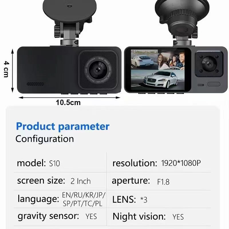 S10New Dash Cam2Inch IPS Hd1080P WIFI Three-Channel Recorder Cardvr
