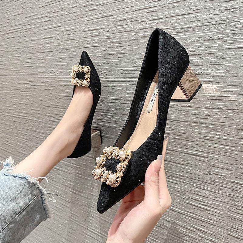 Pumps Women2025New Spring and Autumn Pointed Champagne Color Wedding Shoes Bride Shoes Autumn Bridal Thick Heel High Heels for Women