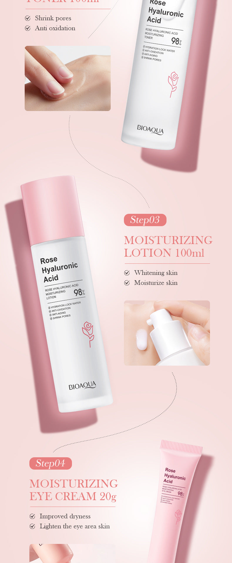 BIOAOUA Rose Hyaluronic Acid Moisturizing Six-piece Set Hydrating skin care product set  wholesale