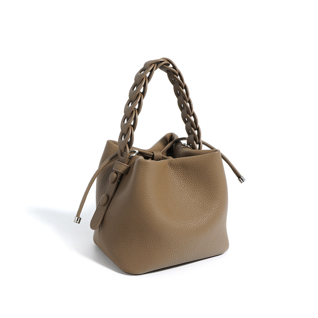 European Style New Top Layer Cowhide Bucket Bag High-Quality Genuine Leather Fashion Women's Handbag Tote Shoulder Crossbody Bag Woven