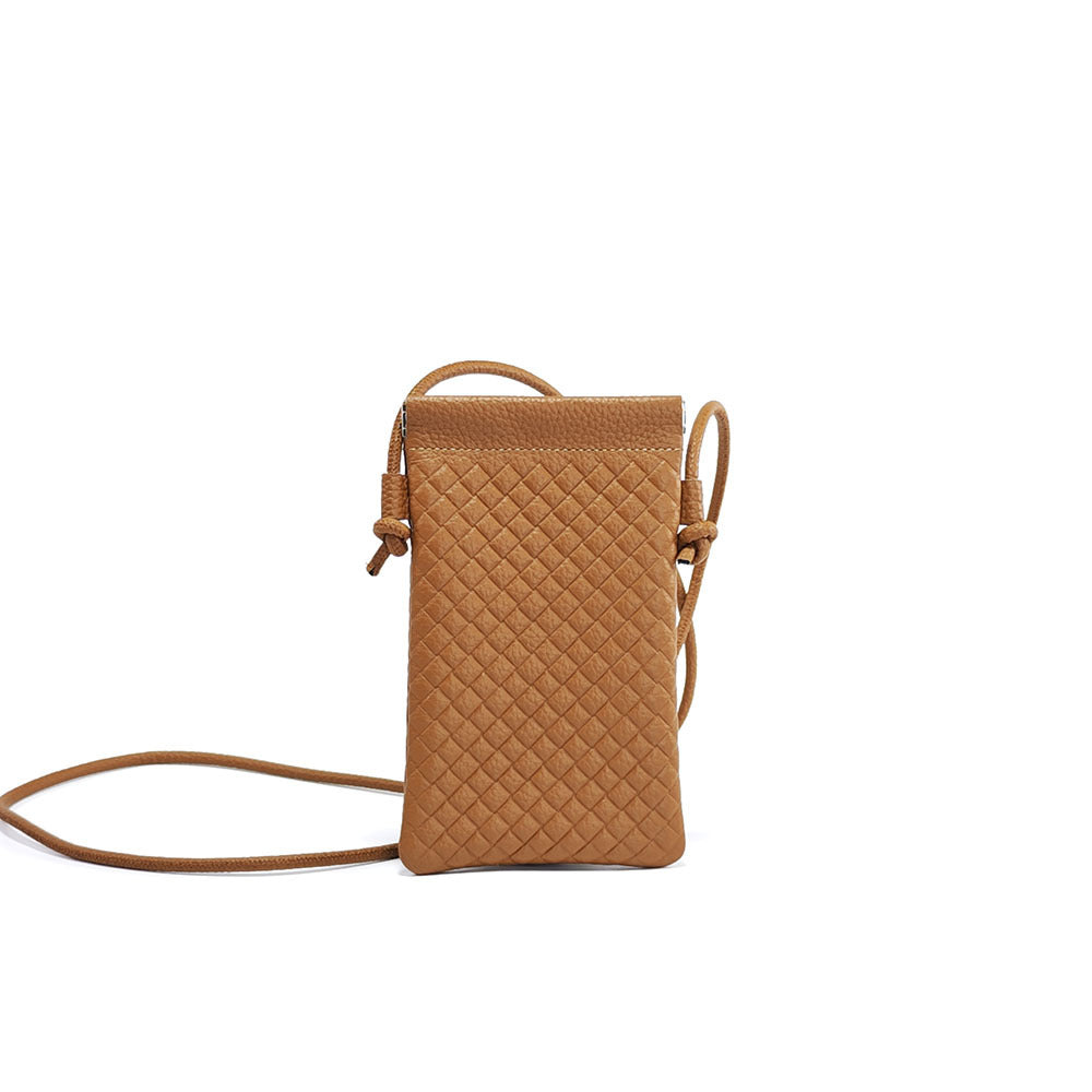 Genuine Leather Phone Bag for Women, Crossbody Small Bag, New Woven Pattern Vertical Style, Lightweight Mini Cowhide Walking Bag