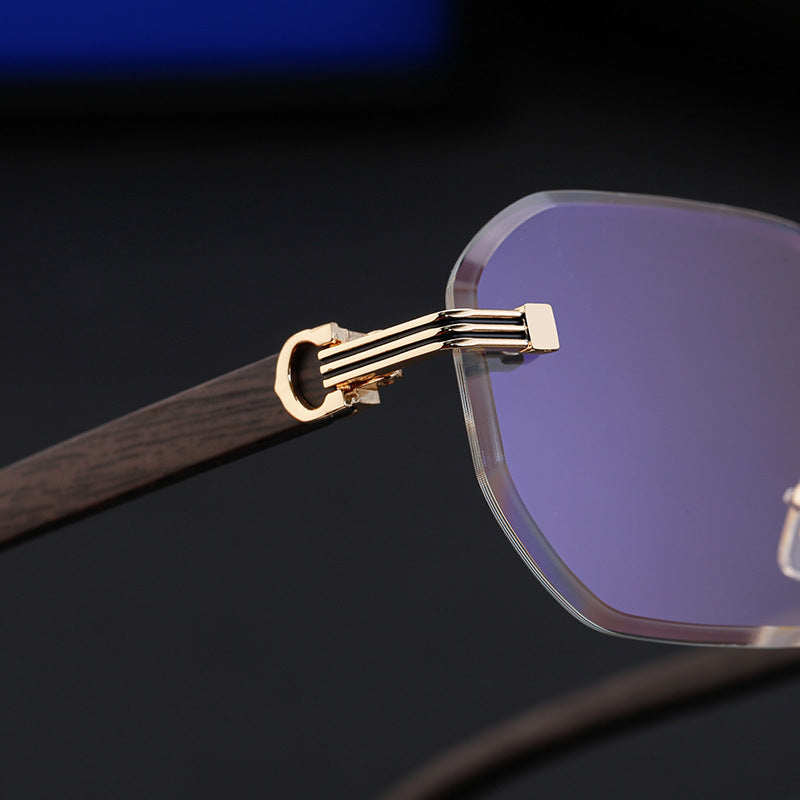 【Customization】Diamond Cut Rimless Glasses for Men, European and American Retro Style, Imitation Wood Grain Temple Sunglasses, Sun Protection Sunglasses