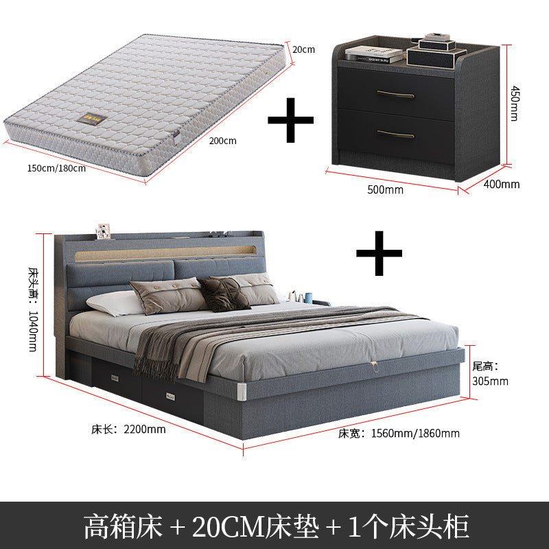 Technology Cloth Bed1.8Small Apartment Bedroom Double Bed Gray High Box Storage Bed with Technology Fabric Wear-Resistant Bed