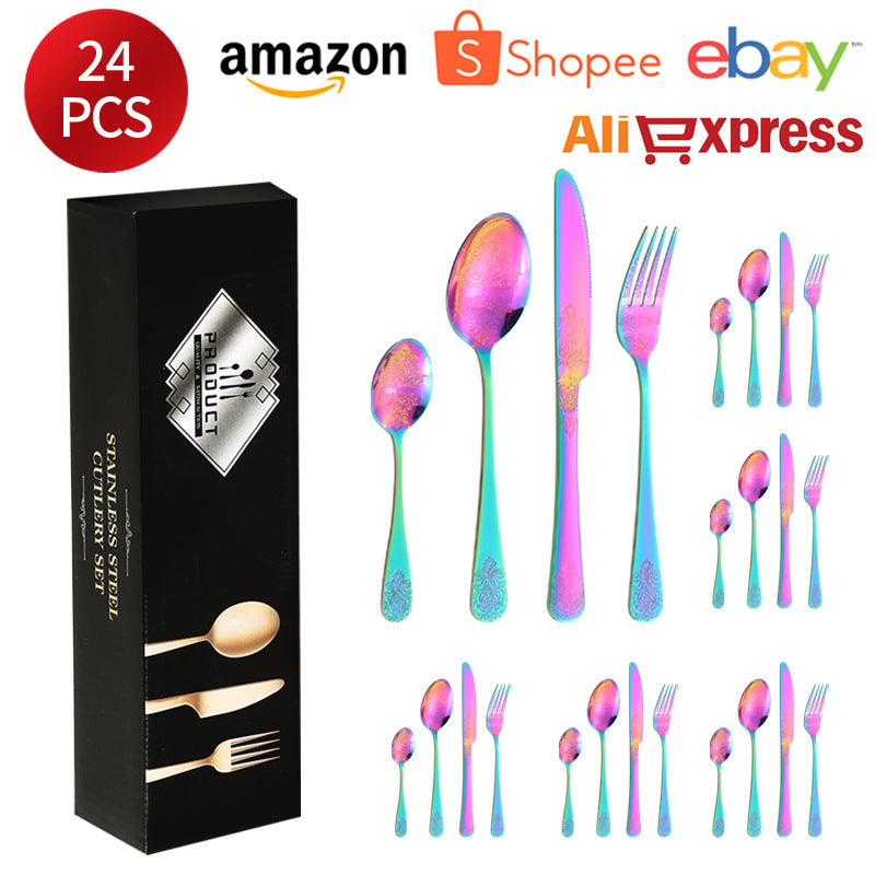 Stainless Steel Cutlery Set1010Double Flower Relief Knife, Fork, and Spoon24Set of Western Steak Knives and Forks