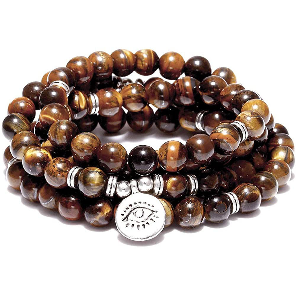 Beaded Bracelet Men's Gift108Buddha Lotus Eye Pendant Tiger Eye Stone Aquamarine Long Bracelet