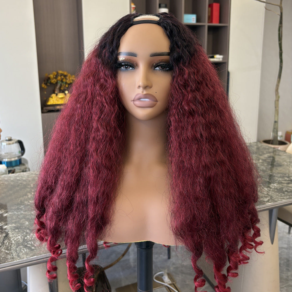 Matte Head Cover 99J V part Afro Curly Wig
