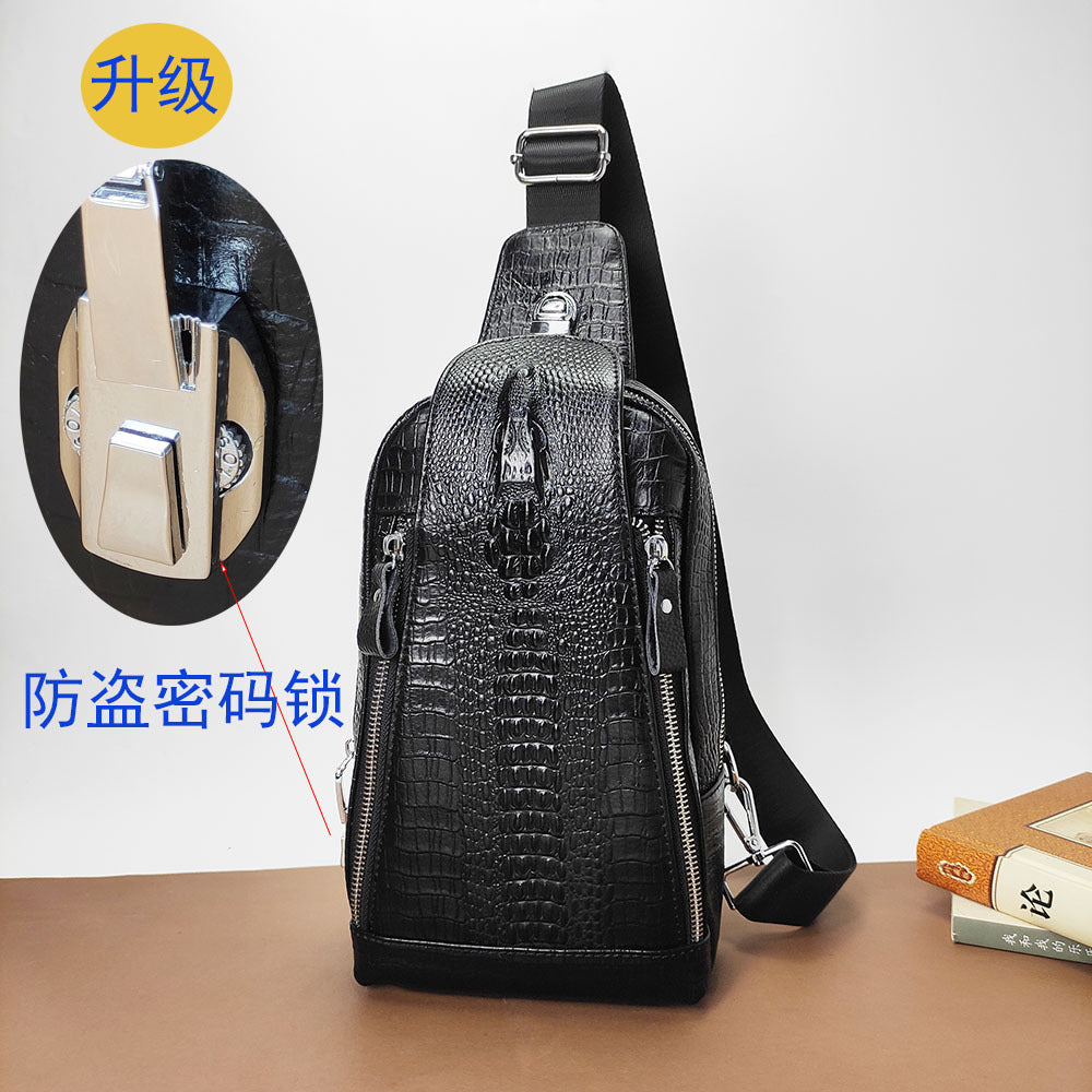 Genuine Leather Men's Chest Bag with Combination Lock, Single Shoulder Crossbody Bag, Top Layer Cowhide Texture, Sports Small Backpack, Crossbody