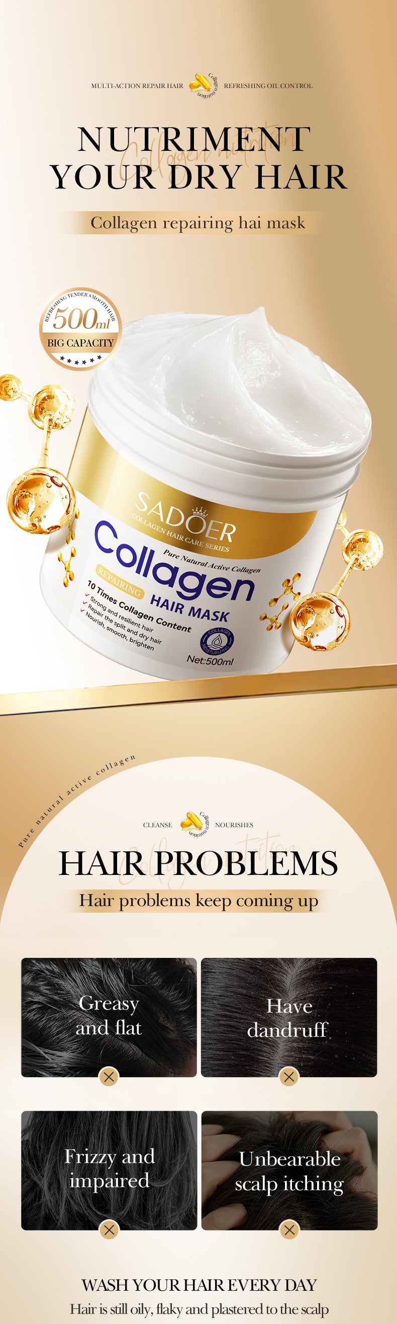 Collagen Smooth Hair Mask500ml SADOER Nourishing and Fluffy Hair Conditioner  Wholesale
