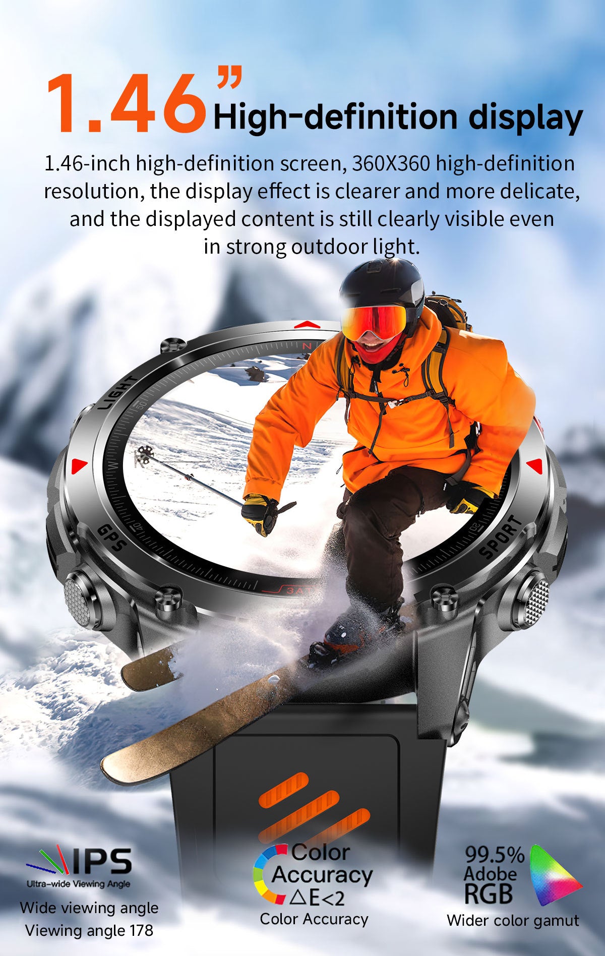 HT37Smart Watch1.46inch Bluetooth Call Heart Rate Pedometer GPS Beidou Positioning Three-Proof Sports Track