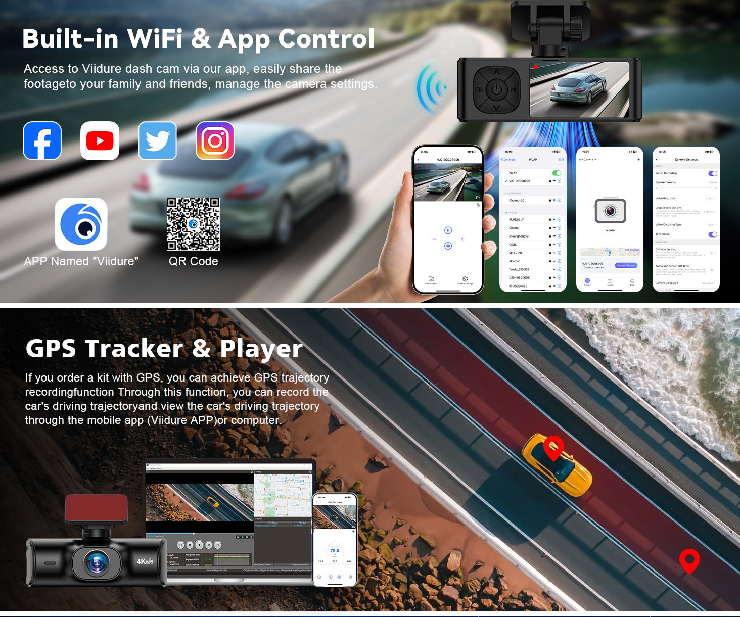 V27Hd4K Driving Recorder WiFi Mobile Phone Interconnection GPS Track Front and Rear Dual Recording Parking Monitoring