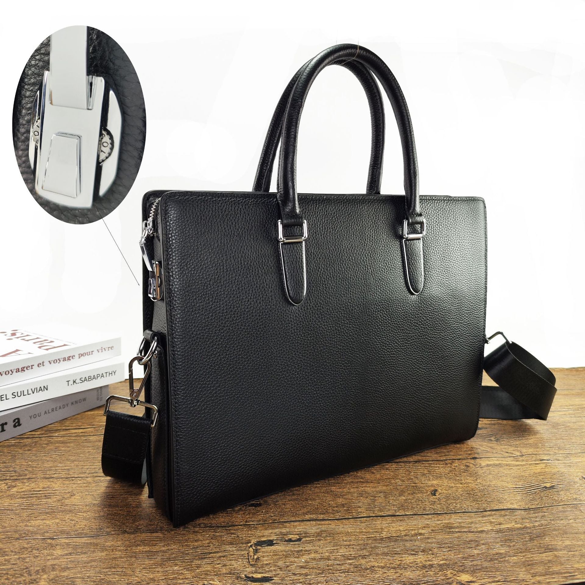 Anti-theft Fingerprint Lock Genuine Leather Briefcase Men's Business Handbag Commuting High-end Shoulder Crossbody Bag Fingerprint Unlock