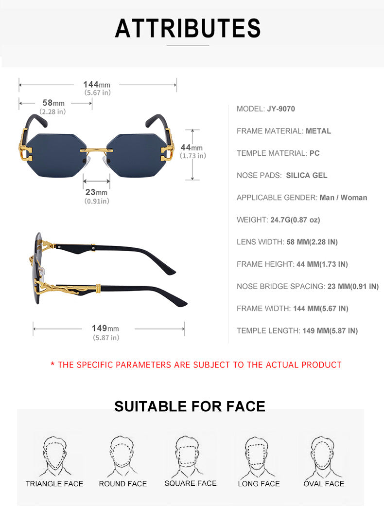 New European and American Retro Frameless Sunglasses for Men with Imitation Wood Grain Temples Wholesale Glasses shades