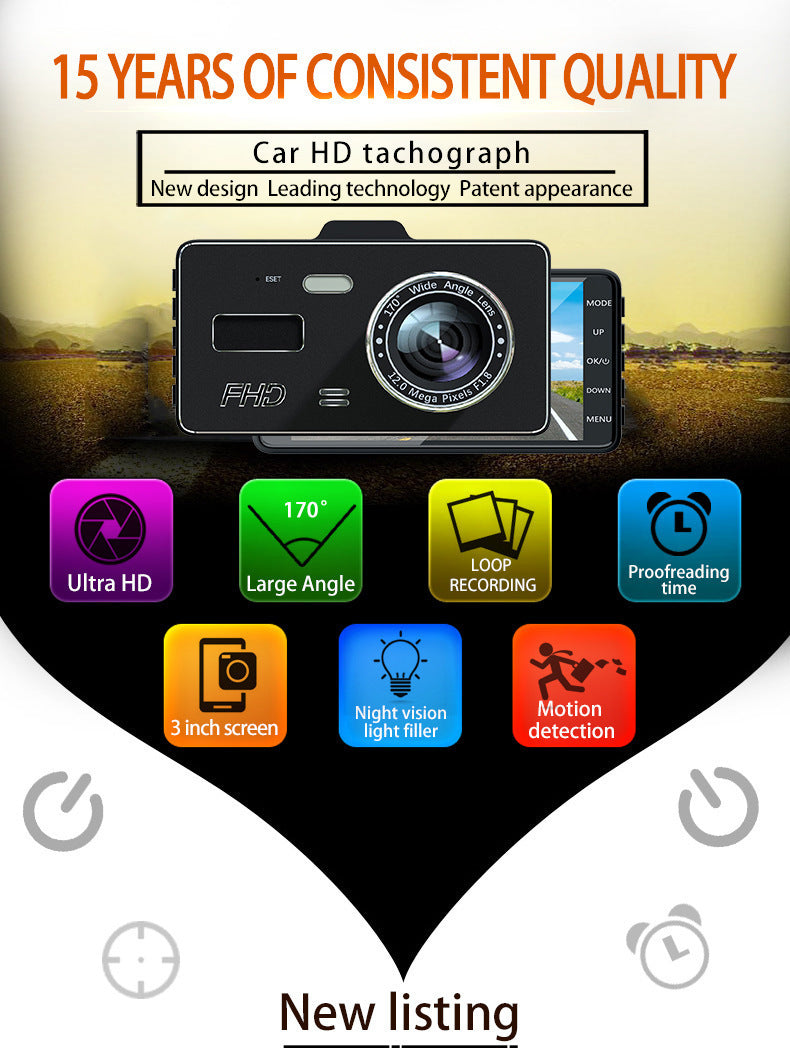 Car HD1080P Touch Screen4Dual Lens Front and Rear Dual Recording Dash Cam with Rear View Camera