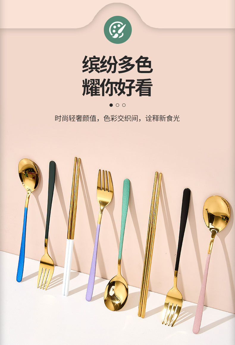 Stainless Steel Korean Portable Tableware Set Spoon Fork Chopsticks Three-Piece Set Student Travel Internet Celebrity Tableware