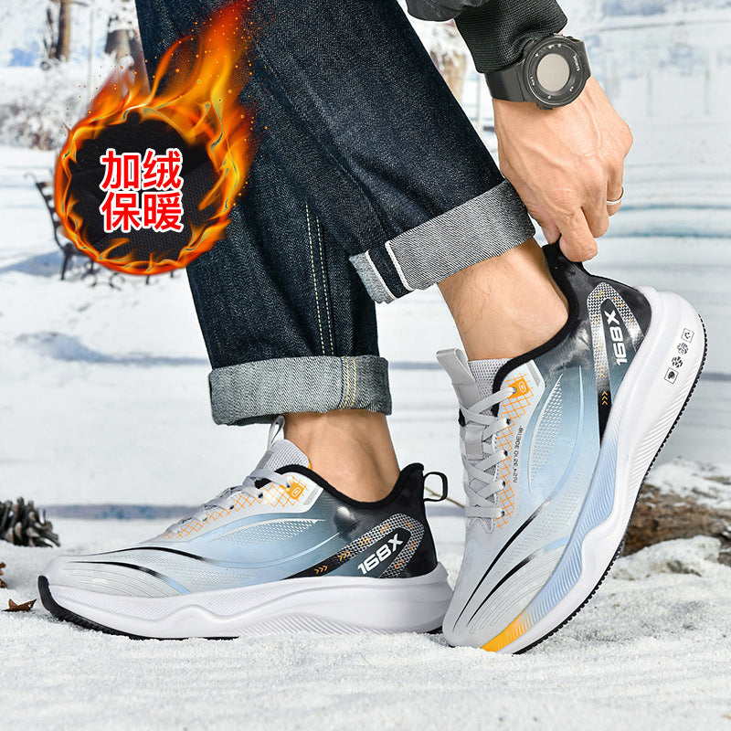 Autumn Winter New Large Size Fashion Leather Surface Fleece Lined Thickened Warm Casual Shoes Real Carbon Plate Sports Running Shoes