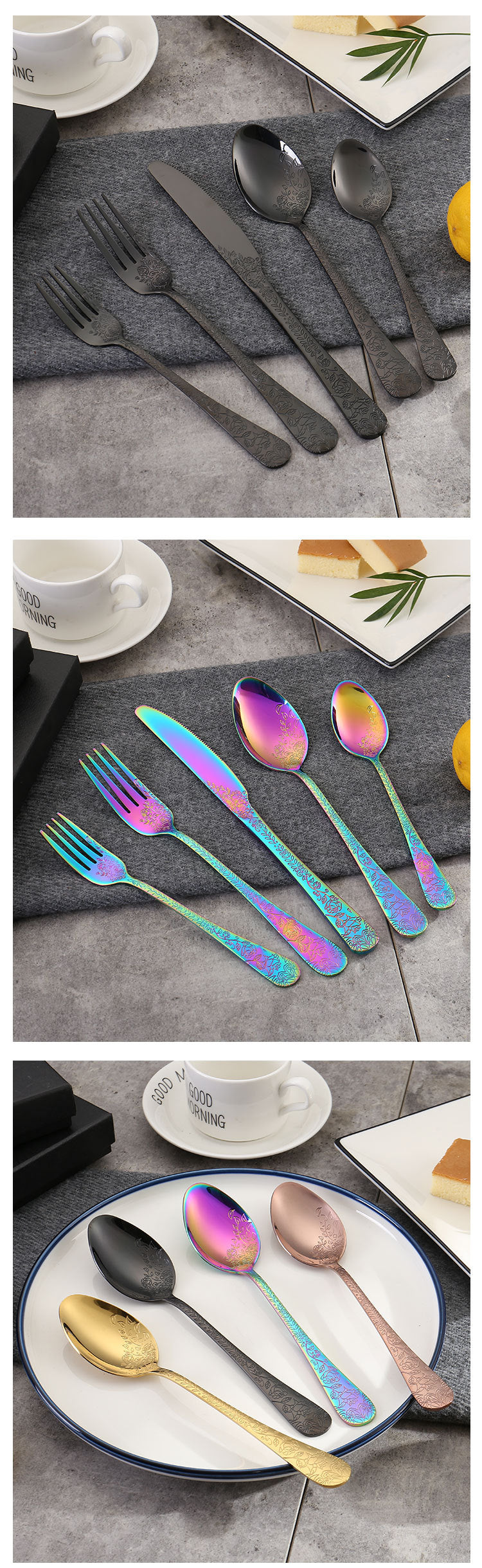 Vintage Pattern National Trend Stainless Steel Cutlery Set Five-Piece Set Western Steak Knife Fork Spoon Dessert Spoon Fork