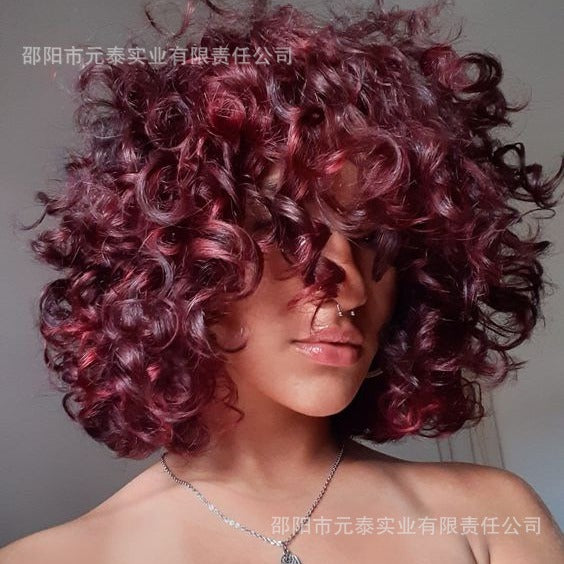 Wine Red Short Bouncy Curly Bob Wig with Bang Human Hair wig