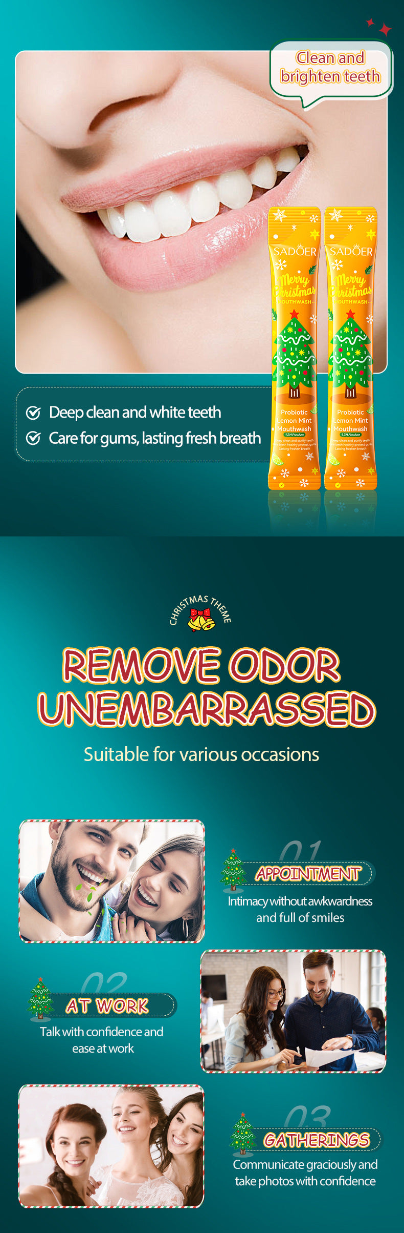 Christmas Probiotic Mouthwash SADOER Green Lemon Mint Oral Cleanser  Wholesale