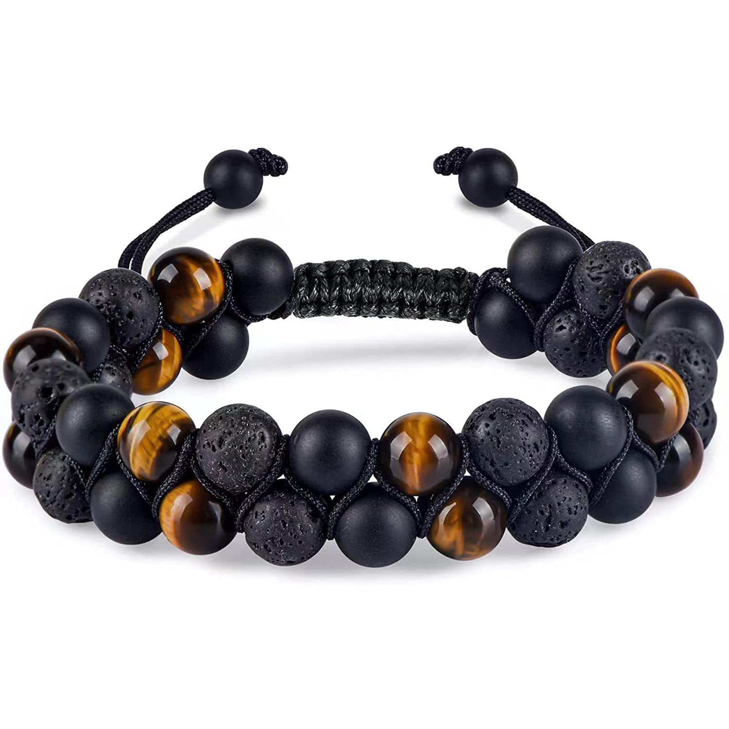 Tiger Eye Stone Woven Double Layer Bracelet Natural Stone Adjustable Stretch Bracelet Volcanic Tiger Eye Double Row Woven Bracelet