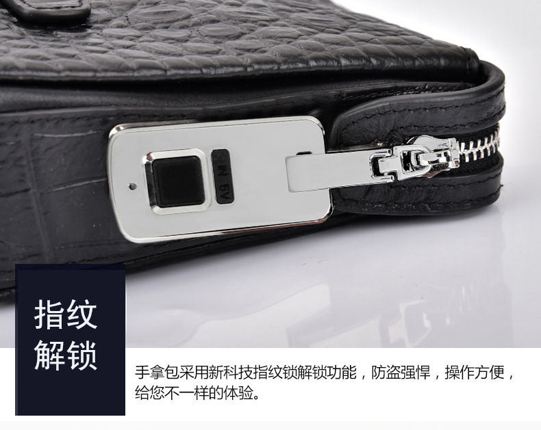 Fingerprint Lock Bag Business Commuting Men's Handbag Top Layer Cowhide Crocodile Large Capacity Multi-Card Slots Clutch