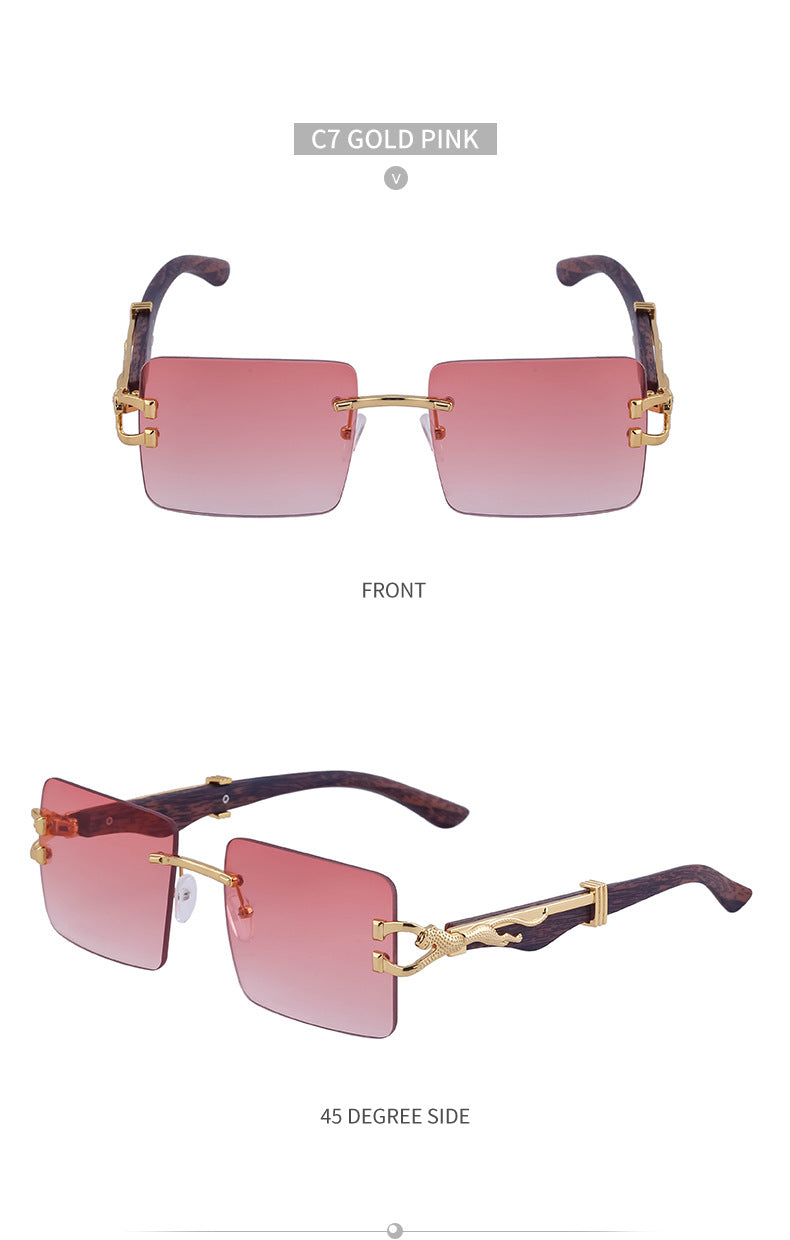 Vintage Rimless Sunglasses for Women with Leopard Wood Grain Temples, Square Frame Sunglasses for Men, Trendy Eyewear shades