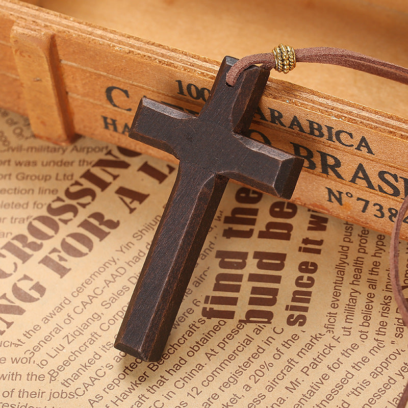 European and American Cross Sweater Chain Couple Long Necklace Gift Velvet Rope Pendant Vintage Wooden Cross Necklace