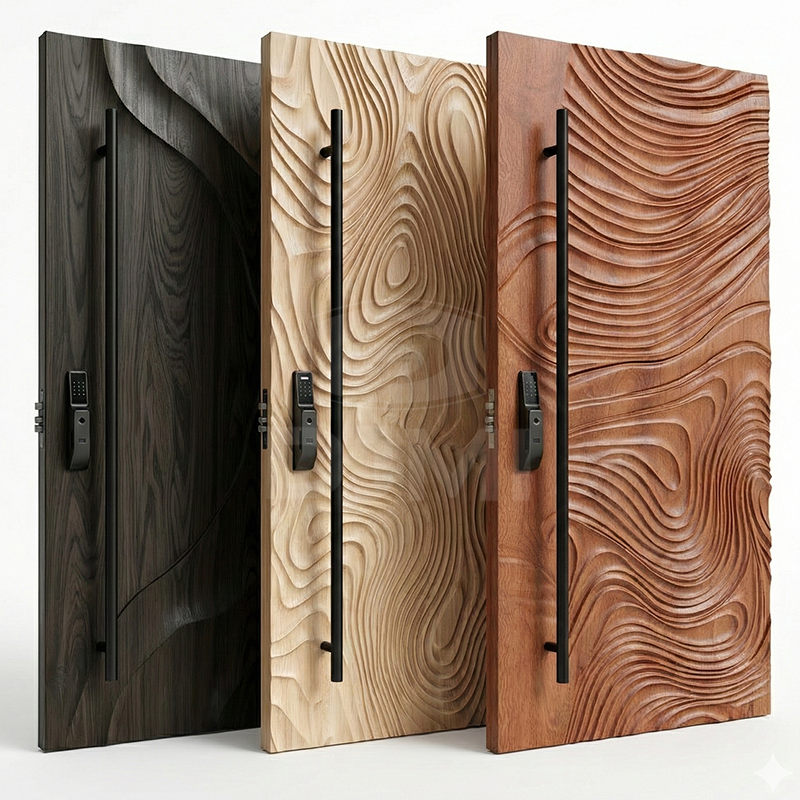 Luxurious Extra Large Size Irregular Flowing Design Residential Modern Exterior Main Entry Solid Wooden Front Door for Houses