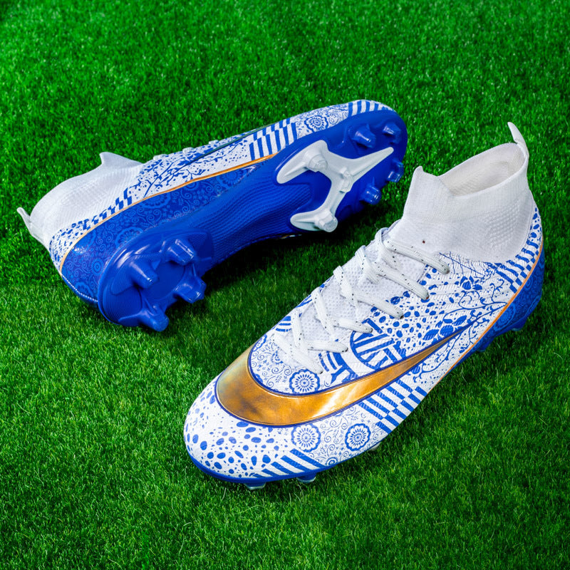 World Cup Same Style Blue and White Porcelain High-top Soccer Shoes for Men and Women, Children and Youth Competition Training Shoes