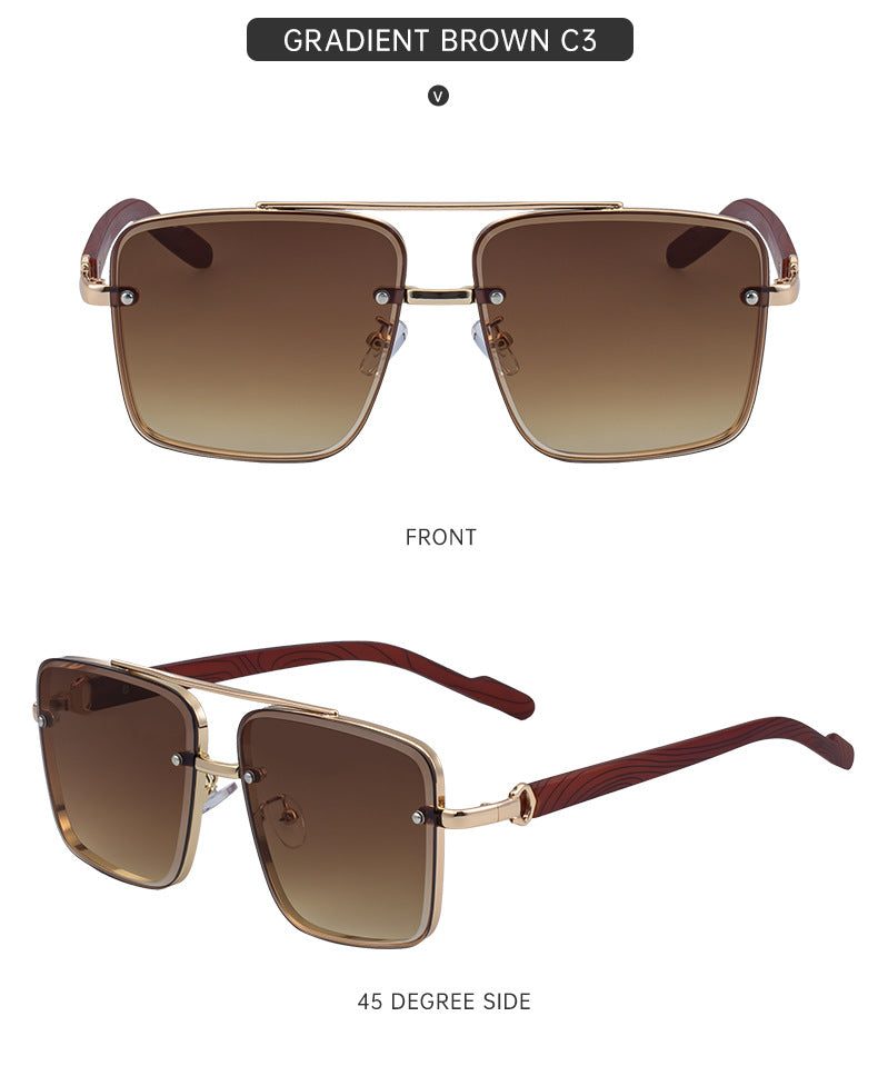 European and American Style Square Frame Cut Edge Sunglasses for Men with Imitation Wood Grain Temples, Men's Trendy Wholesale sunglass