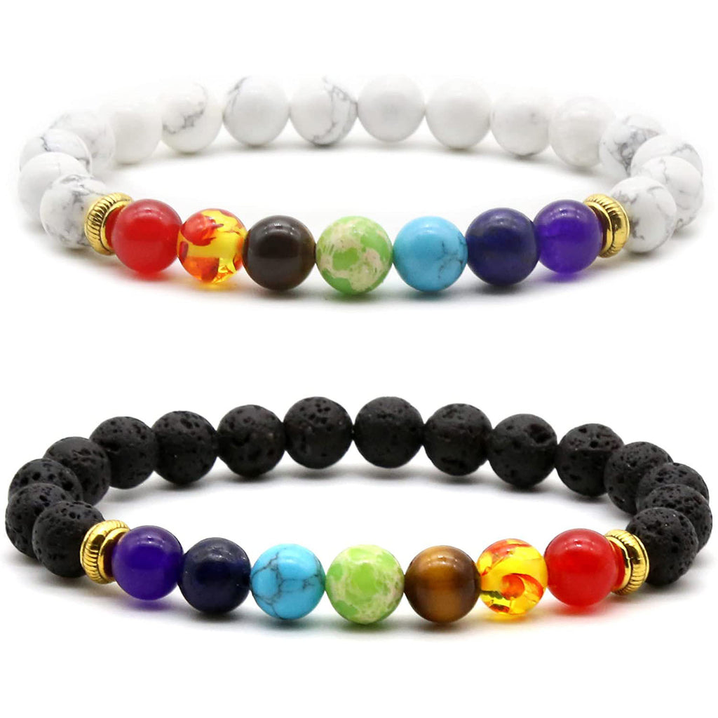 Men's Volcanic Stone Bracelet8mm Natural Stone Beaded Yoga Wheel Elastic Rope White Pine Stone Colorful Braided Bracelet