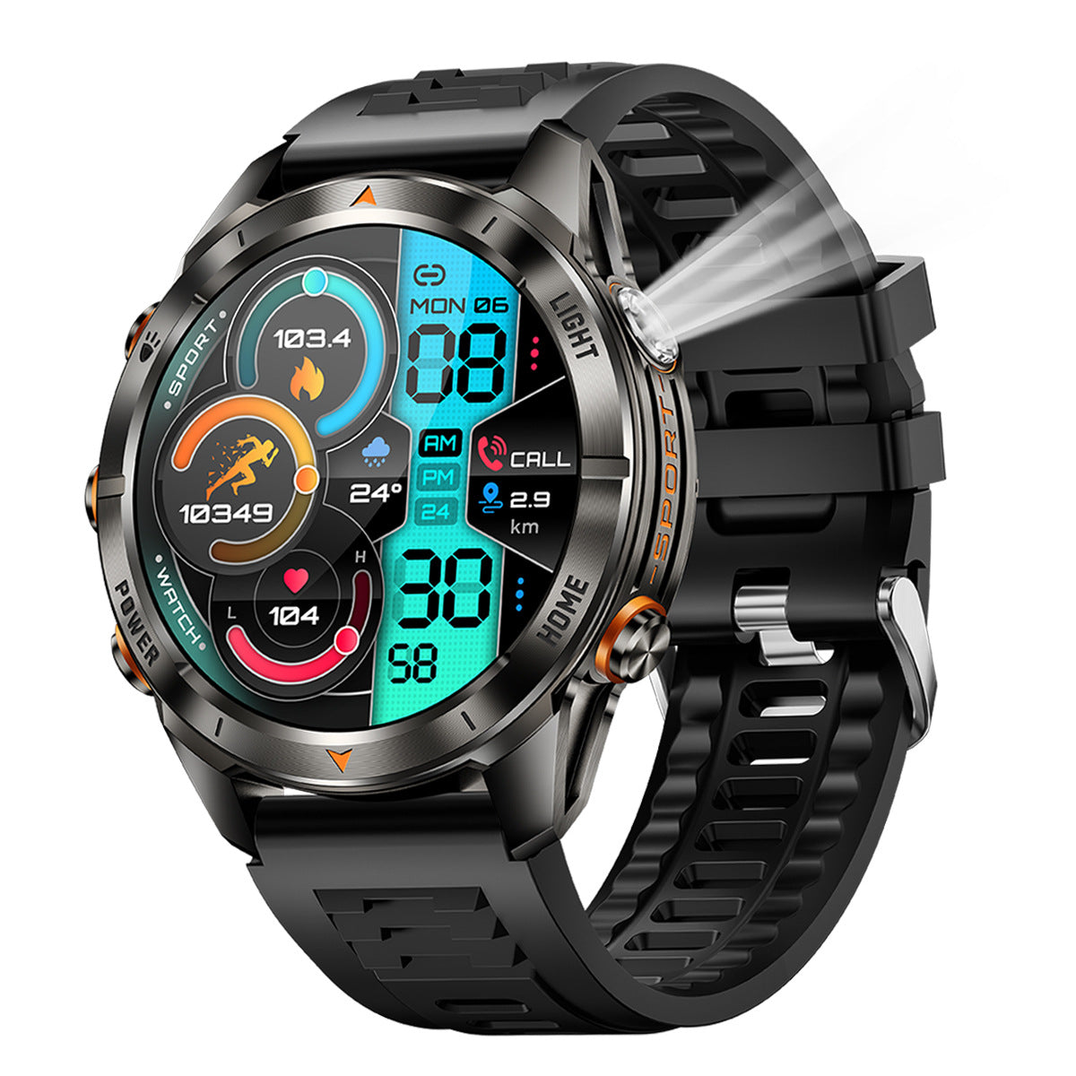 KT80Smart Watch Bluetooth Call True Heart Rate Step Sleep Monitoring IP68Deep Waterproof Flashlight Three-Proof