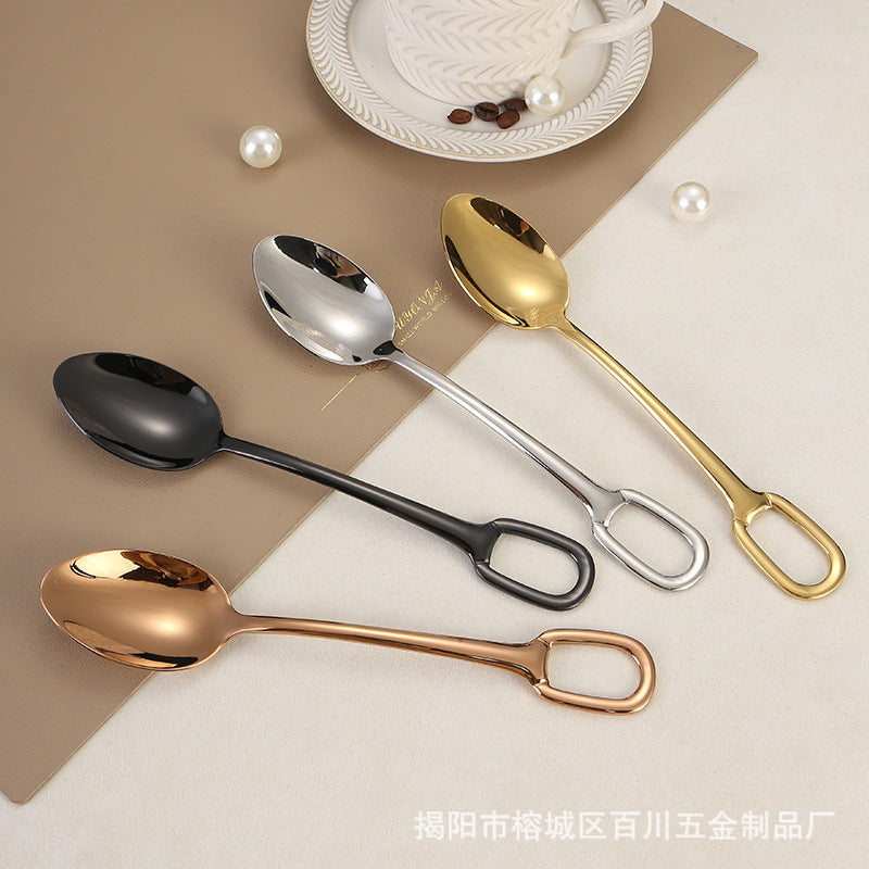 304Stainless Steel Western Cutlery Set with Rings, Steak Knife, Fork, Spoon, European Style Hanging Hole Tea Spoon with Tail Set