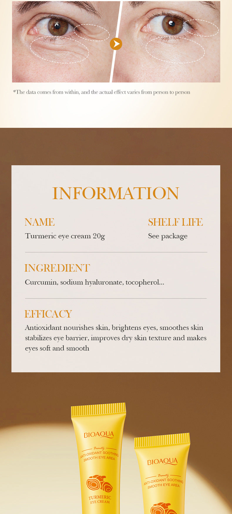 Turmeric Antioxidant Skin Rejuvenation Eye Cream BIOAOUA Brightening, moisturizing and moisturizing eye cream cross-border foreign trade wholesale