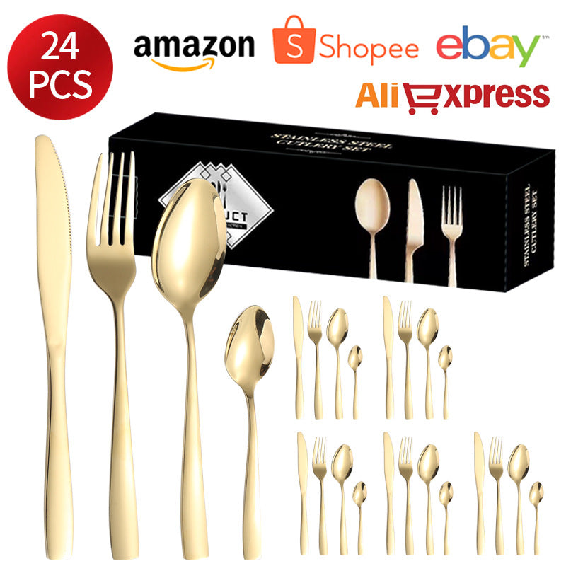 410Stainless Steel Tableware24Set of Hotel Western Dining Square Handle Steak Knife, Fork, Spoon, Tea Spoon