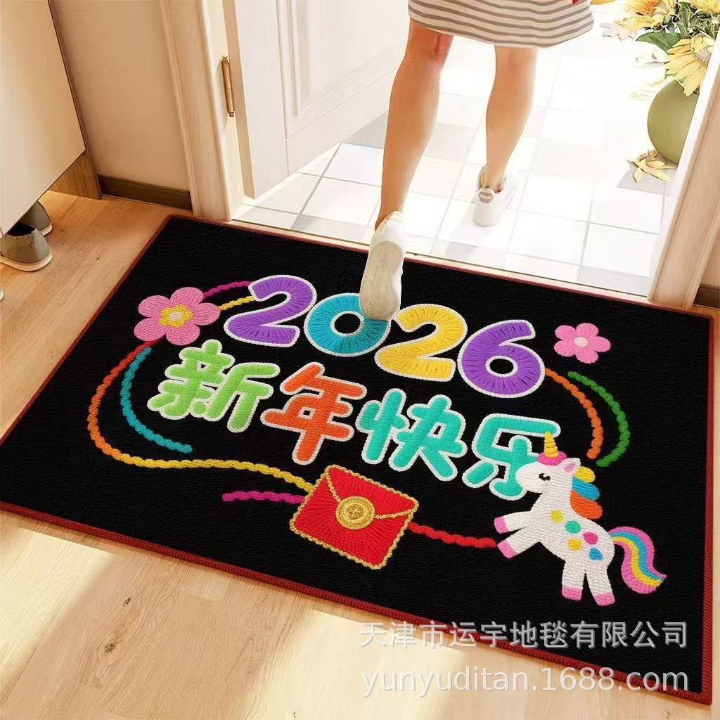 2026Year of the Horse Doormat New Year Red Festive Entrance Door Mat Spring Festival Atmosphere Dust Removal Foot Mat