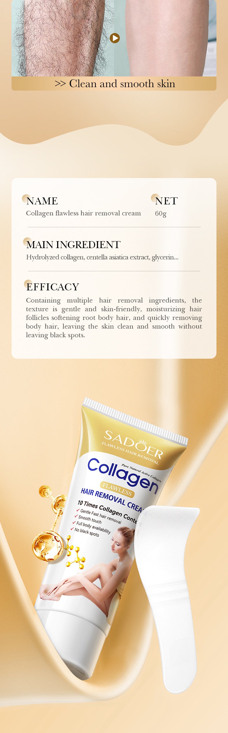 Collagen Gentle Hair Removal Cream SADOER Skin-friendly Non-irritating Underarm Hair Removal Cream  Wholesale